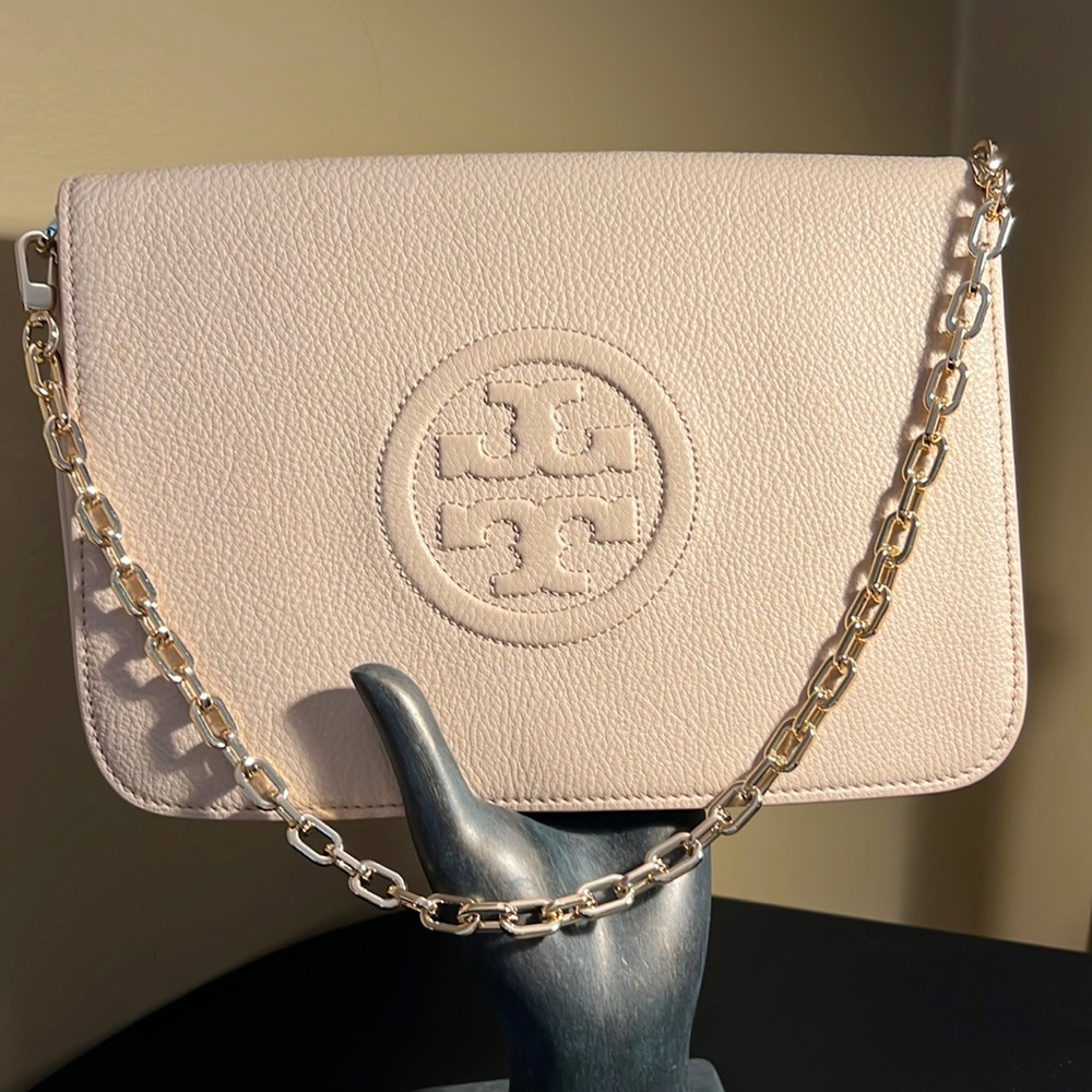 Tory Burch pale pink soft leather shoulder flap bag with gold chain